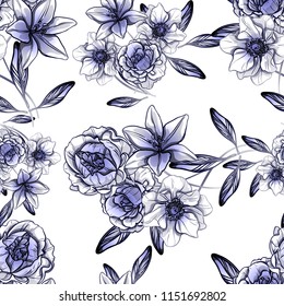 Abstract seamless pattern with plants, herbs and flowers, colorful botanical illustration.