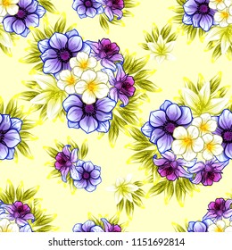 Abstract seamless pattern with plants, herbs and flowers, colorful botanical illustration.