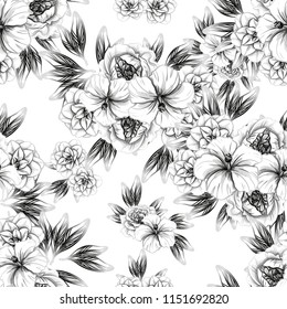 Patrón abstracto sin fisuras con plantas, hierbas y flores, ilustración botánica colorida.