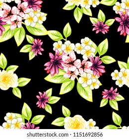 Abstract seamless pattern with plants, herbs and flowers, colorful botanical illustration.