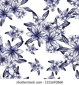 Abstract seamless pattern with plants, herbs and flowers, colorful botanical illustration.