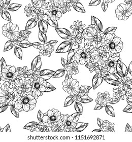 Abstract seamless pattern with plants, herbs and flowers, colorful botanical illustration.
