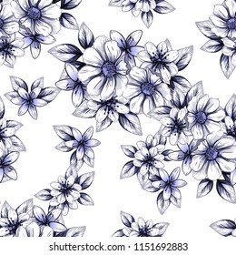 Abstract seamless pattern with plants, herbs and flowers, colorful botanical illustration.
