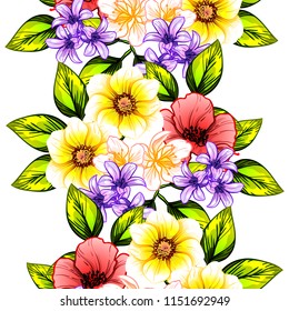 Abstract seamless pattern with plants, herbs and flowers, colorful botanical illustration.