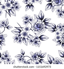 Abstract seamless pattern with plants, herbs and flowers, colorful botanical illustration.