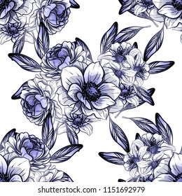 Abstract seamless pattern with plants, herbs and flowers, colorful botanical illustration.