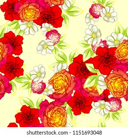 Abstract seamless pattern with plants, herbs and flowers, colorful botanical illustration.