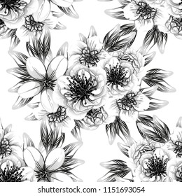Abstract seamless pattern with plants, herbs and flowers, colorful botanical illustration.