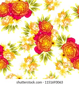 Abstract seamless pattern with plants, herbs and flowers, colorful botanical illustration.