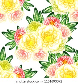 Abstract seamless pattern with plants, herbs and flowers, colorful botanical illustration.