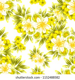 Abstract seamless pattern with plants, herbs and flowers, colorful botanical illustration.