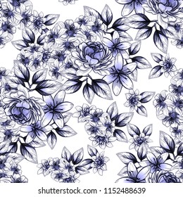 Abstract seamless pattern with plants, herbs and flowers, colorful botanical illustration.
