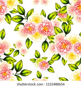 Abstract seamless pattern with plants, herbs and flowers, colorful botanical illustration.
