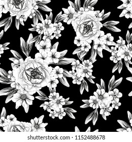Abstract seamless pattern with plants, herbs and flowers, colorful botanical illustration.
