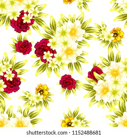 Abstract seamless pattern with plants, herbs and flowers, colorful botanical illustration.