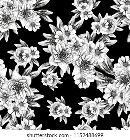 Abstract seamless pattern with plants, herbs and flowers, colorful botanical illustration.