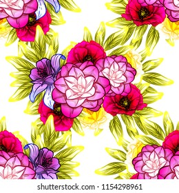 Abstract seamless pattern with plants, herbs and flowers, colorful botanical illustration.
