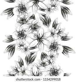 Abstract seamless pattern with plants, herbs and flowers, colorful botanical illustration.
