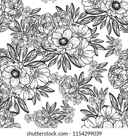 Abstract seamless pattern with plants, herbs and flowers, colorful botanical illustration.
