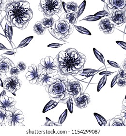 Abstract seamless pattern with plants, herbs and flowers, colorful botanical illustration.

