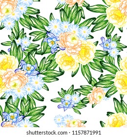 Abstract seamless pattern with plants, herbs and flowers, colorful botanical illustration.
