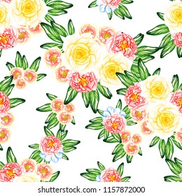 Abstract seamless pattern with plants, herbs and flowers, colorful botanical illustration.
