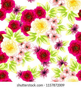 Abstract seamless pattern with plants, herbs and flowers, colorful botanical illustration.
