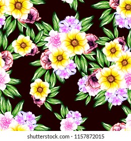 Abstract seamless pattern with plants, herbs and flowers, colorful botanical illustration.
