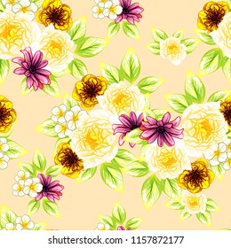 Abstract seamless pattern with plants, herbs and flowers, colorful botanical illustration.

