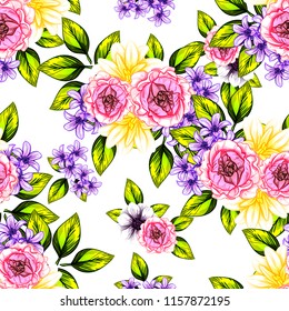 Abstract seamless pattern with plants, herbs and flowers, colorful botanical illustration.
