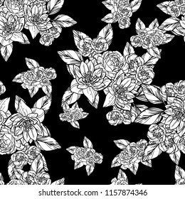 Abstract seamless pattern with plants, herbs and flowers, colorful botanical illustration.
