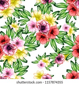 Abstract seamless pattern with plants, herbs and flowers, colorful botanical illustration.
