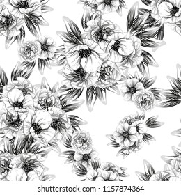 Abstract seamless pattern with plants, herbs and flowers, colorful botanical illustration.
