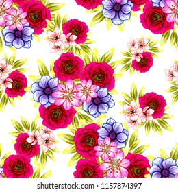 Abstract seamless pattern with plants, herbs and flowers, colorful botanical illustration.
