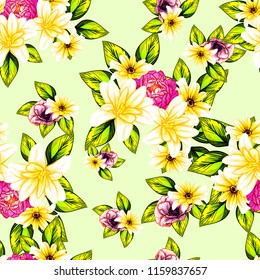 Abstract seamless pattern with plants, herbs and flowers, colorful botanical illustration.