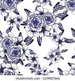 Abstract seamless pattern with plants, herbs and flowers, colorful botanical illustration.