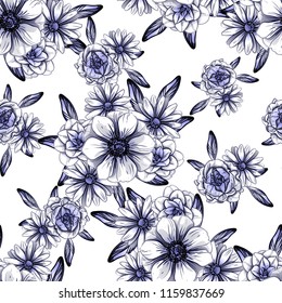 Abstract seamless pattern with plants, herbs and flowers, colorful botanical illustration.