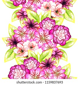 Abstract seamless pattern with plants, herbs and flowers, colorful botanical illustration.