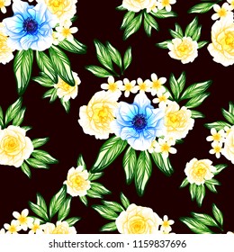 Abstract seamless pattern with plants, herbs and flowers, colorful botanical illustration.