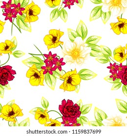 Abstract seamless pattern with plants, herbs and flowers, colorful botanical illustration.