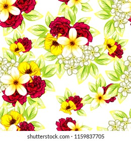 Abstract seamless pattern with plants, herbs and flowers, colorful botanical illustration.