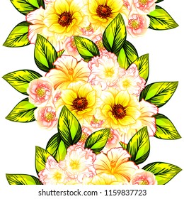 Abstract seamless pattern with plants, herbs and flowers, colorful botanical illustration.