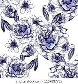 Abstract seamless pattern with plants, herbs and flowers, colorful botanical illustration.