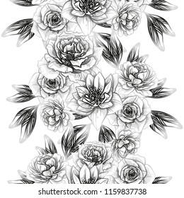 Abstract seamless pattern with plants, herbs and flowers, colorful botanical illustration.