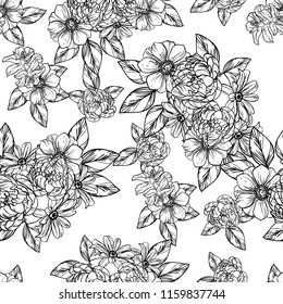 Abstract seamless pattern with plants, herbs and flowers, colorful botanical illustration.