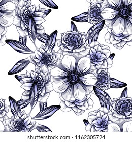 Abstract seamless pattern with plants, herbs and flowers, colorful botanical illustration.