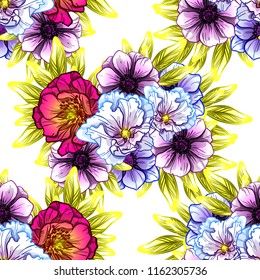 Abstract seamless pattern with plants, herbs and flowers, colorful botanical illustration.