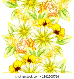 Abstract seamless pattern with plants, herbs and flowers, colorful botanical illustration.