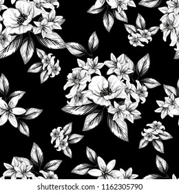 Abstract seamless pattern with plants, herbs and flowers, colorful botanical illustration.