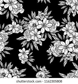 Abstract seamless pattern with plants, herbs and flowers, colorful botanical illustration.